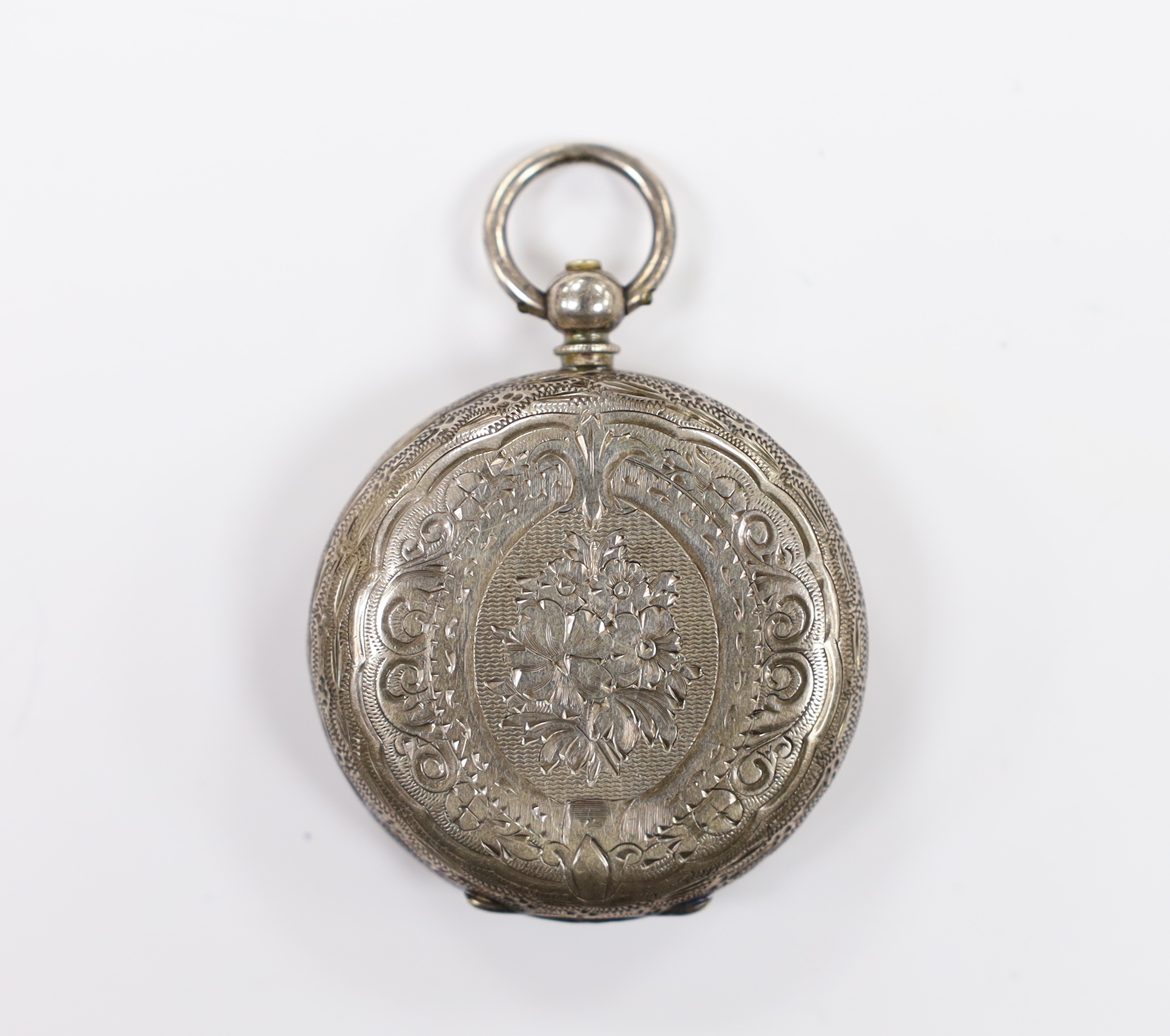 A lady's late Victorian silver open face key wind fob watch, with Roman dial.